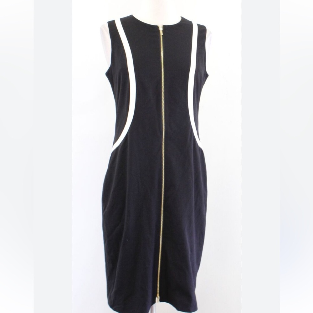 Calvin Klein Women Black White Full Front Zip Dress Office Preppy Workwear SZ 4
